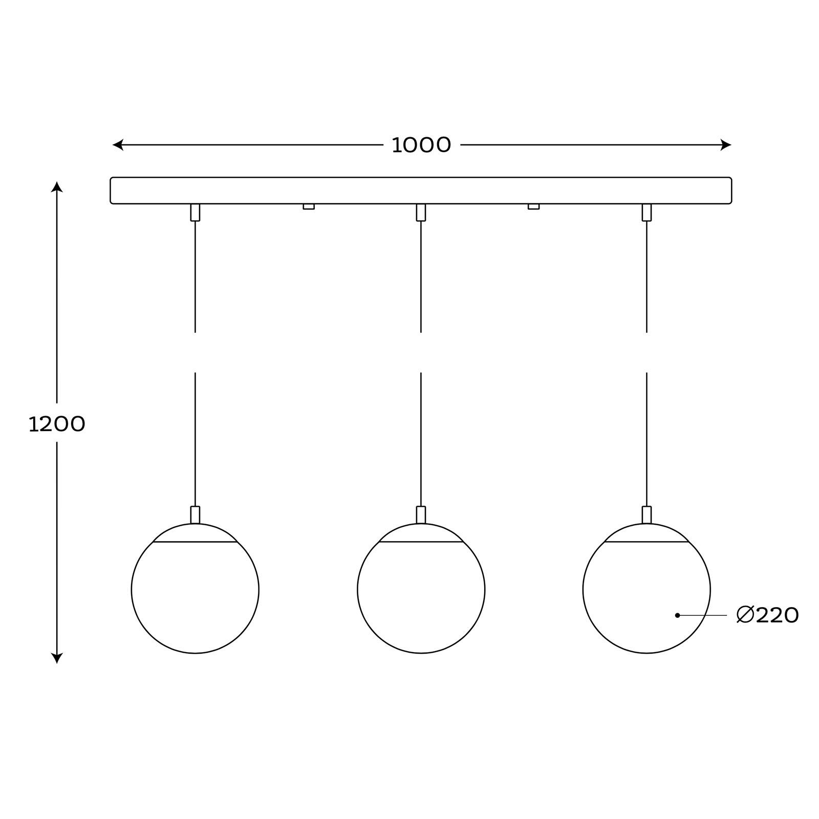 Triple Pendant Light: Bar with Three (coloured) 22 cm Glass Spheres, Fig. 9