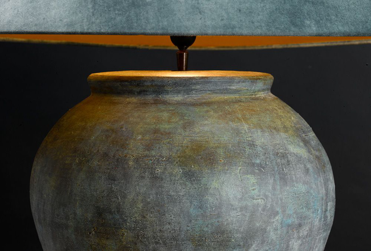 Ceramic Pottyer Table Lamp DIZIO in Copper Green: Schirm in Türkis