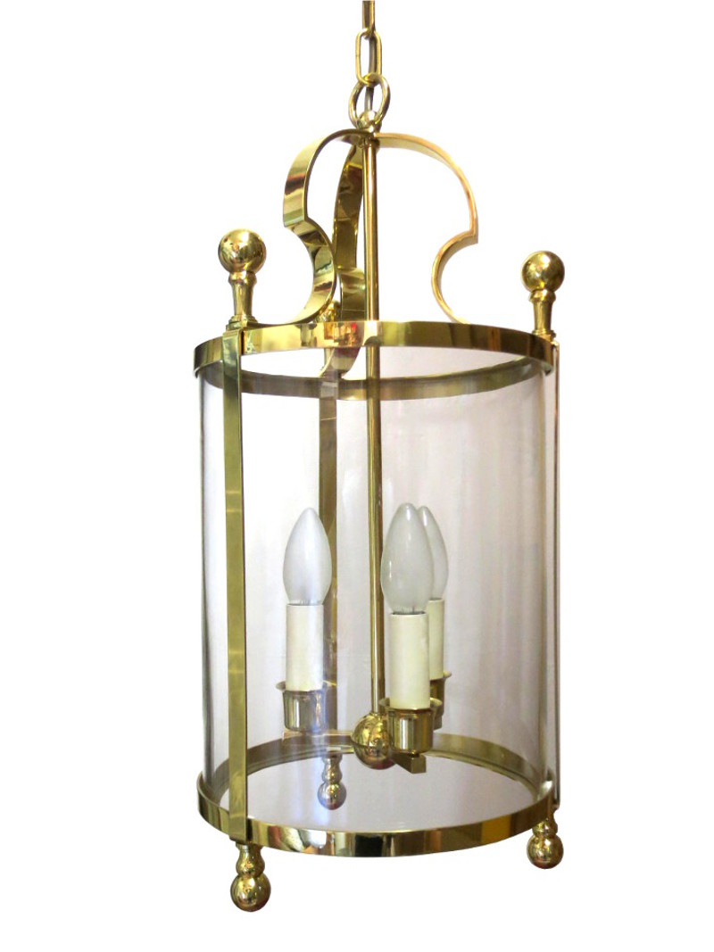 Brass three-flame hanging lamp with cylinder glass