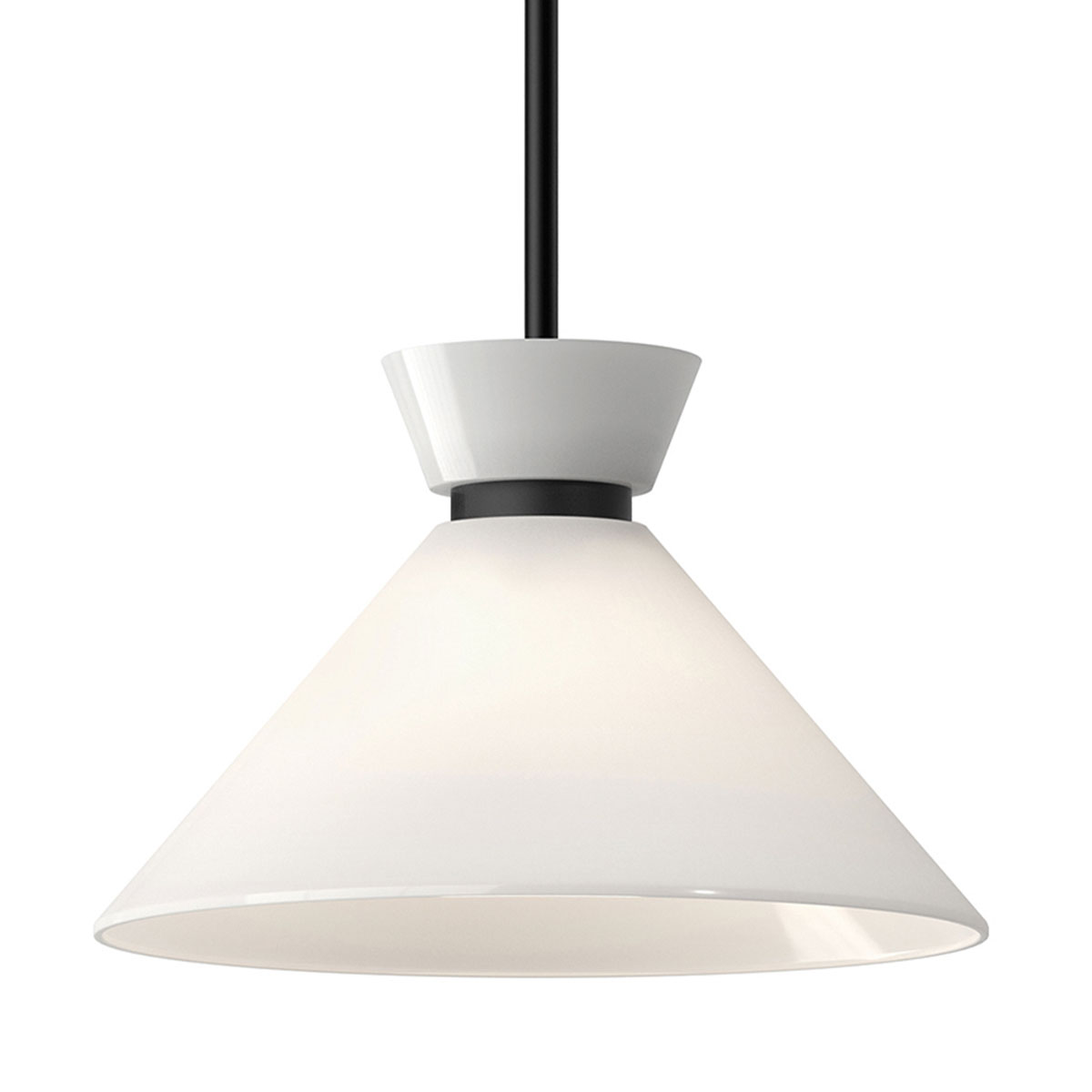 Mid Century Design-Hängeleuchte, schwarz mit Kegel-Opalglas