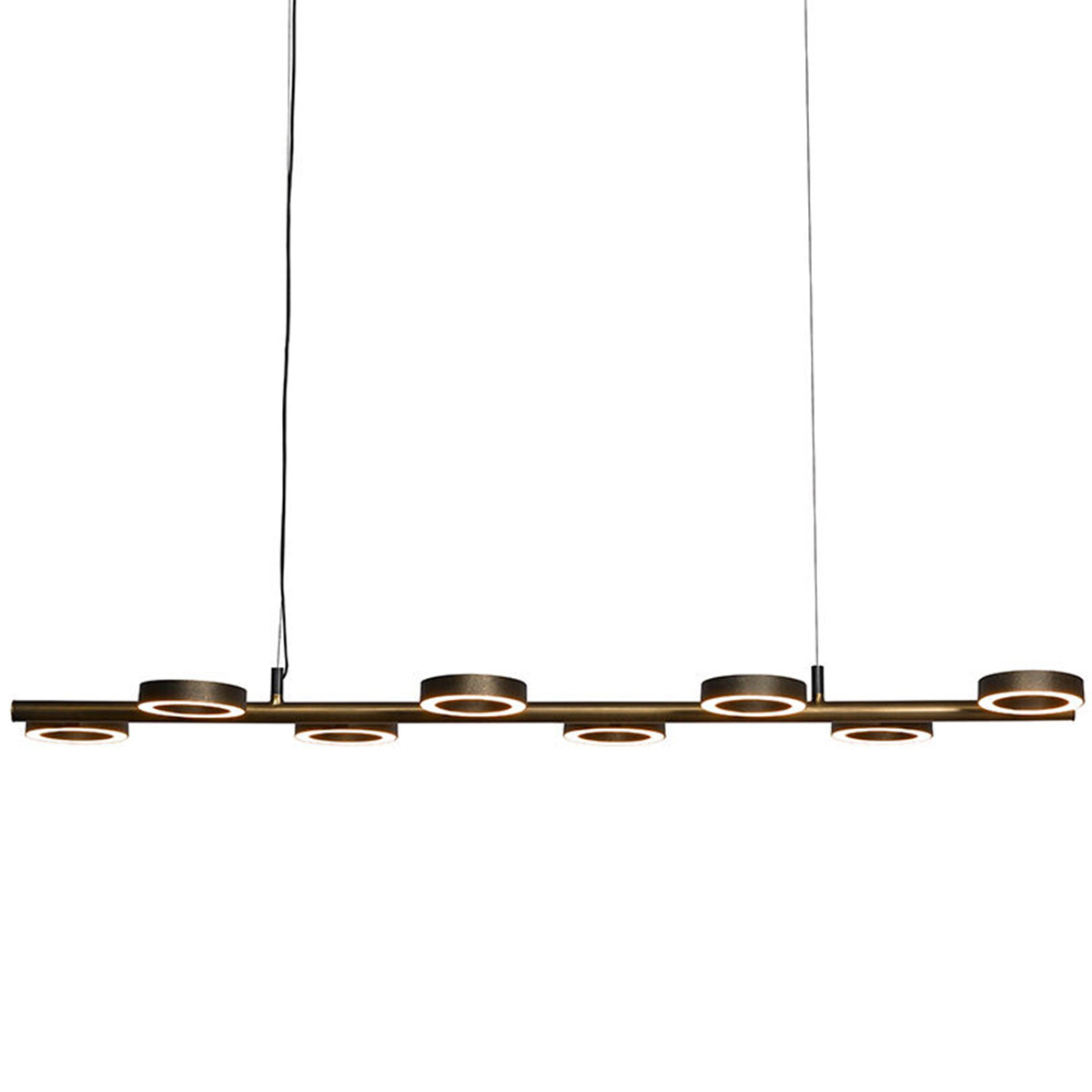 Lange Balken-Hängeleuchte ARIO 8 mit LED-Ringen schöner Messing-Patina