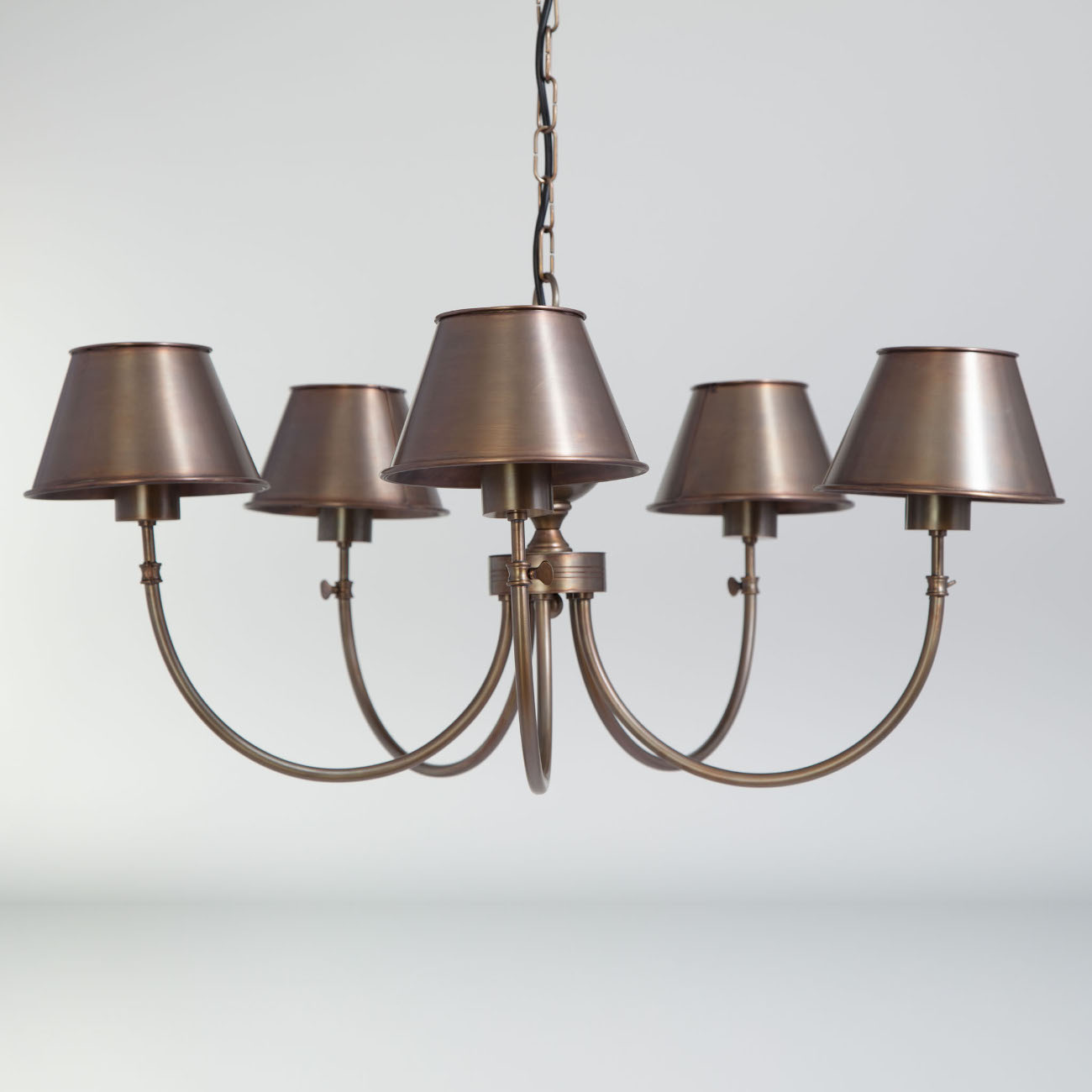 BILBOC Five-flame chandelier with oxidized brass shades from France