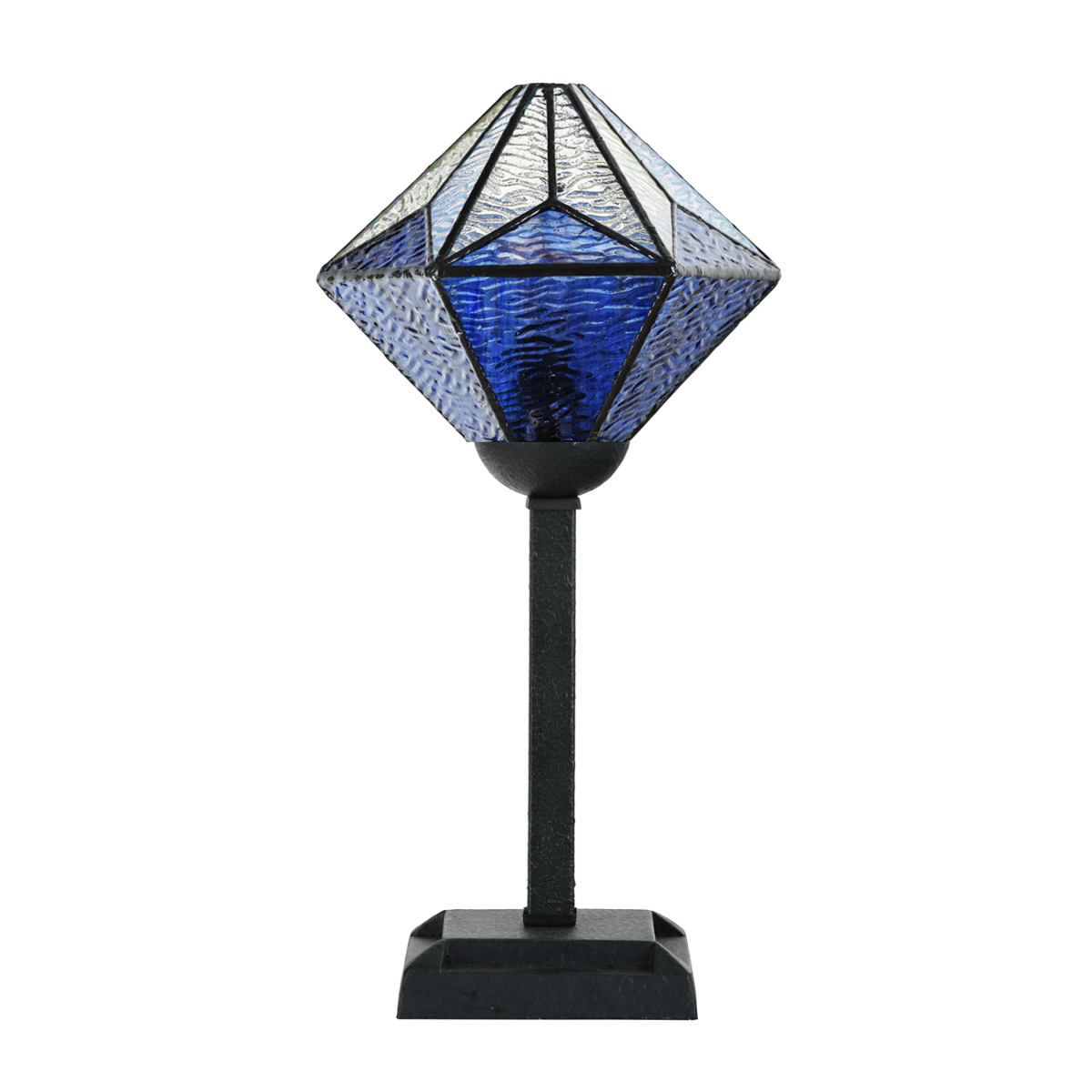 Blaue Tiffany-Tischleuchte mit geometrischem Glasschirm