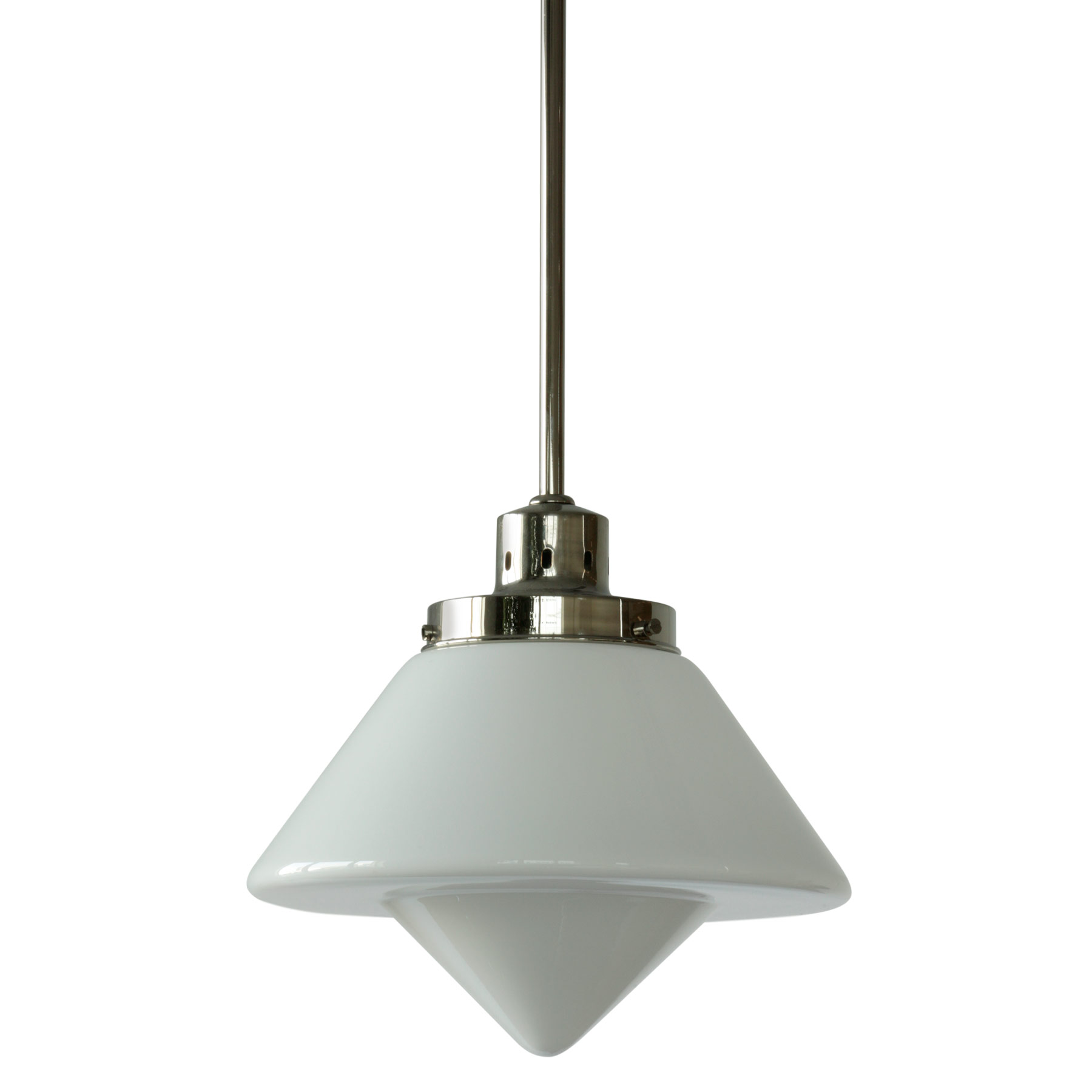 Art déco-Pendelleuchte mit opalem Kegel-Glasschirm