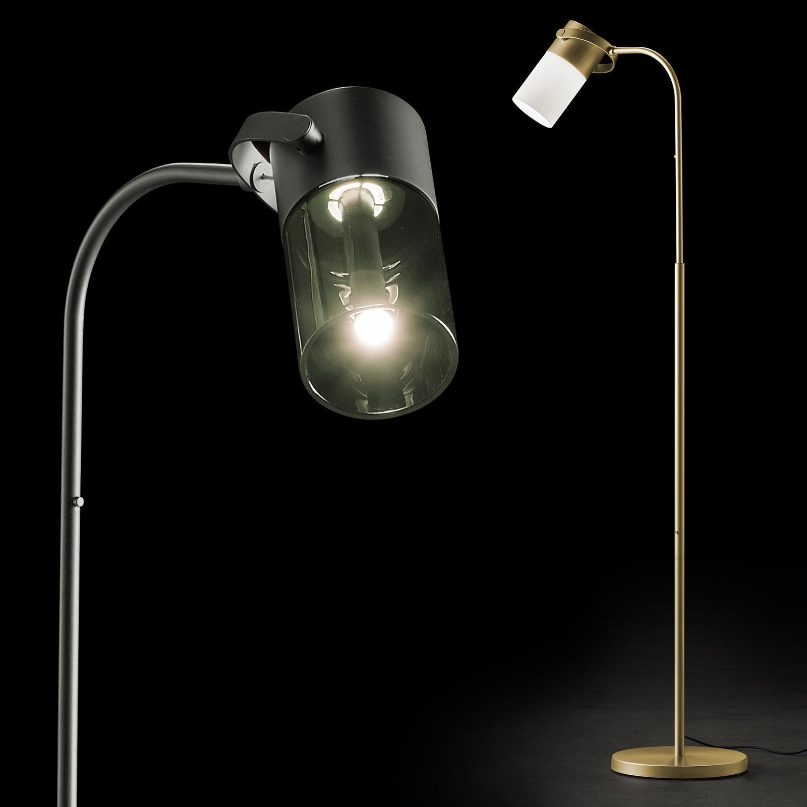 Moderne LED-Stehleuchte AURA S mit verschiedenen Glas-Zylindern
