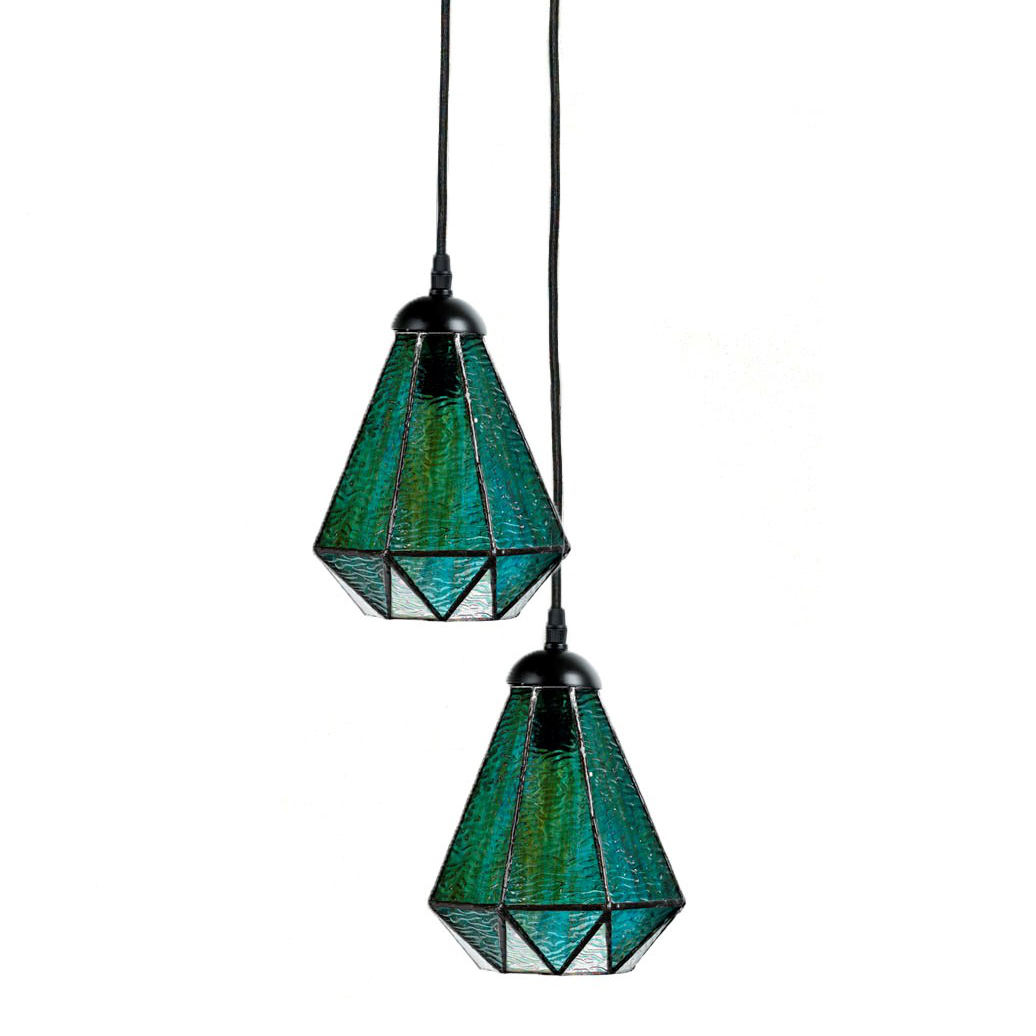 Cluster of Tiffany pendant lights made of green "water glass"
