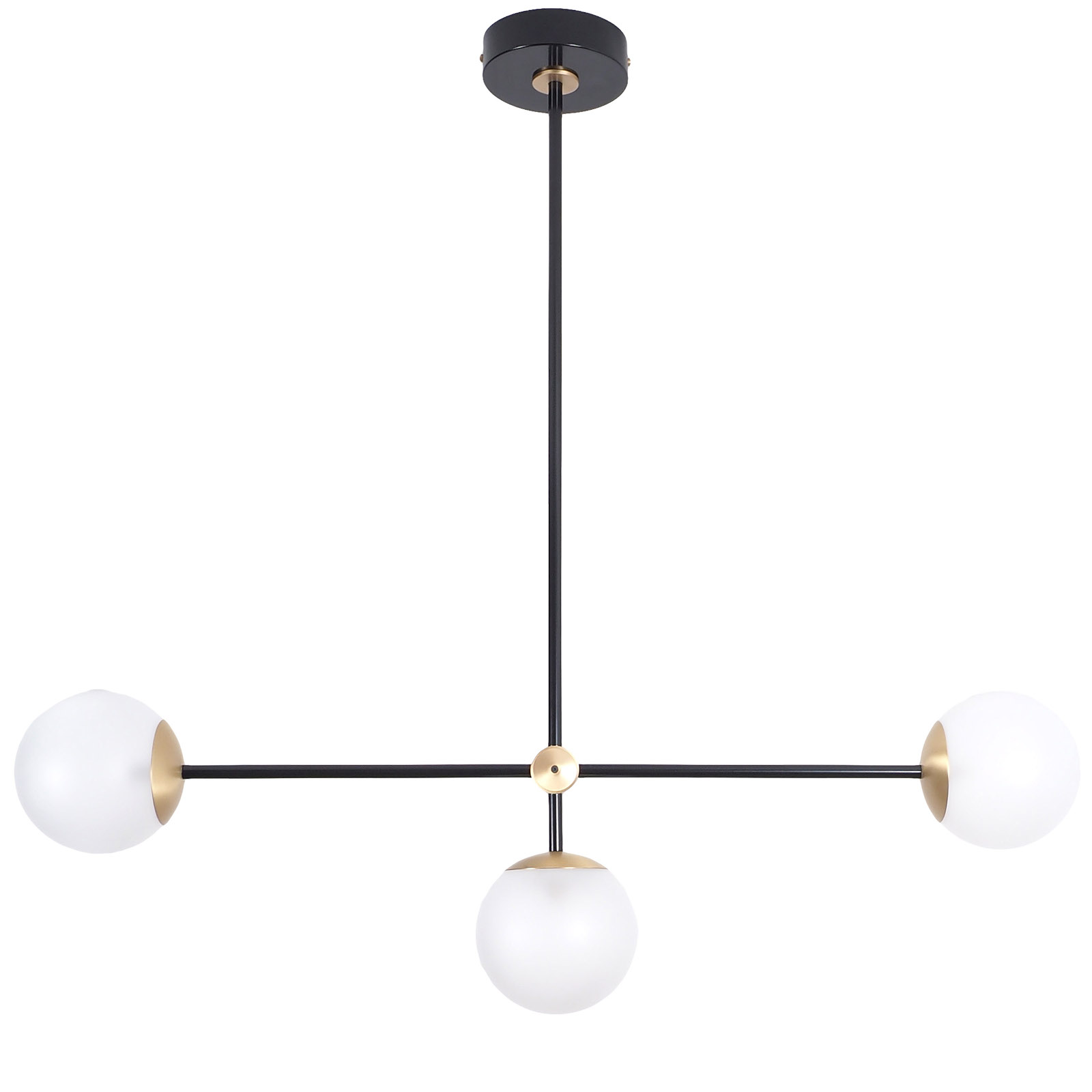 Eleganter Design-Hängeleuchter mit drei Glaskugeln an Messing-Gestänge