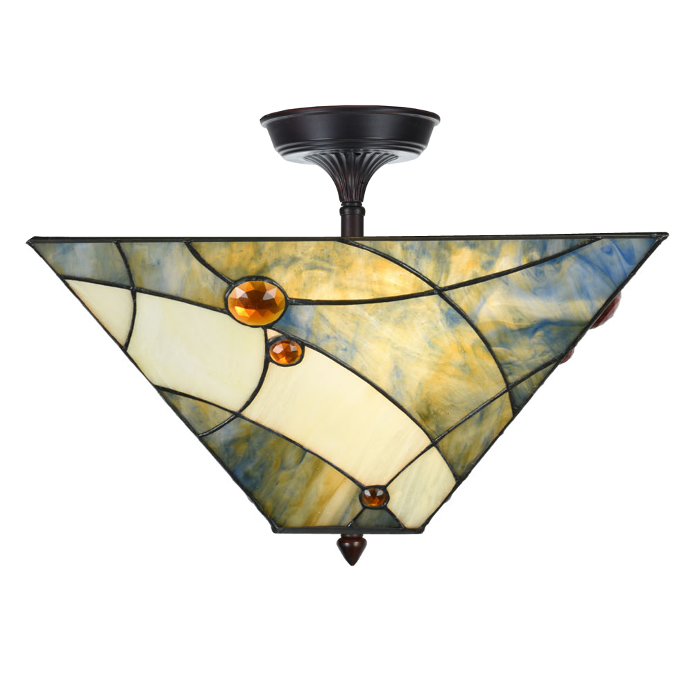 Suspended night blue Tiffany glass ceiling light with "diamonds"