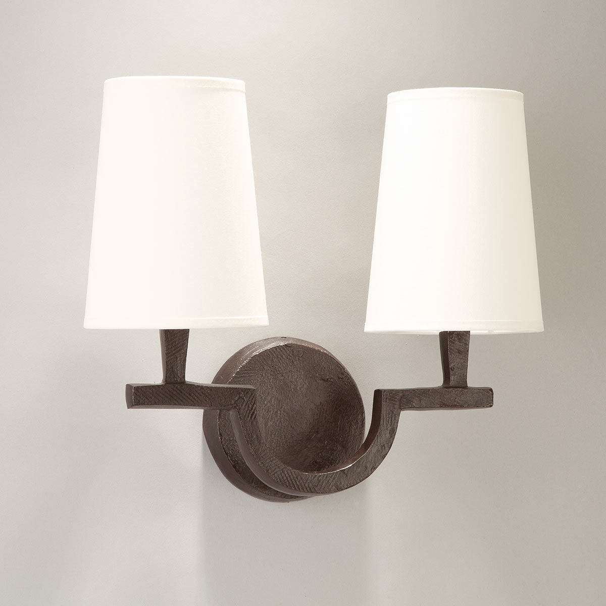 Two-armed bronze cast wall light PERCEVAL with fabric shades
