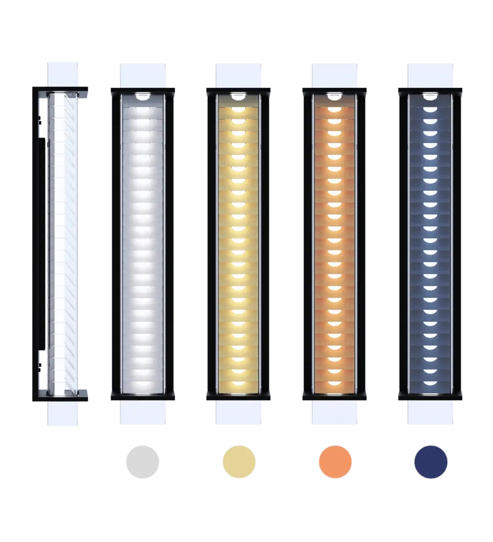 Röhren-Wandleuchte mit Lamellenblende QUADRATUBE W4: Die Lamellen sind in den Farben Silber, Gold (champagne), Kupfer und Blau (petrol) erhältlich.