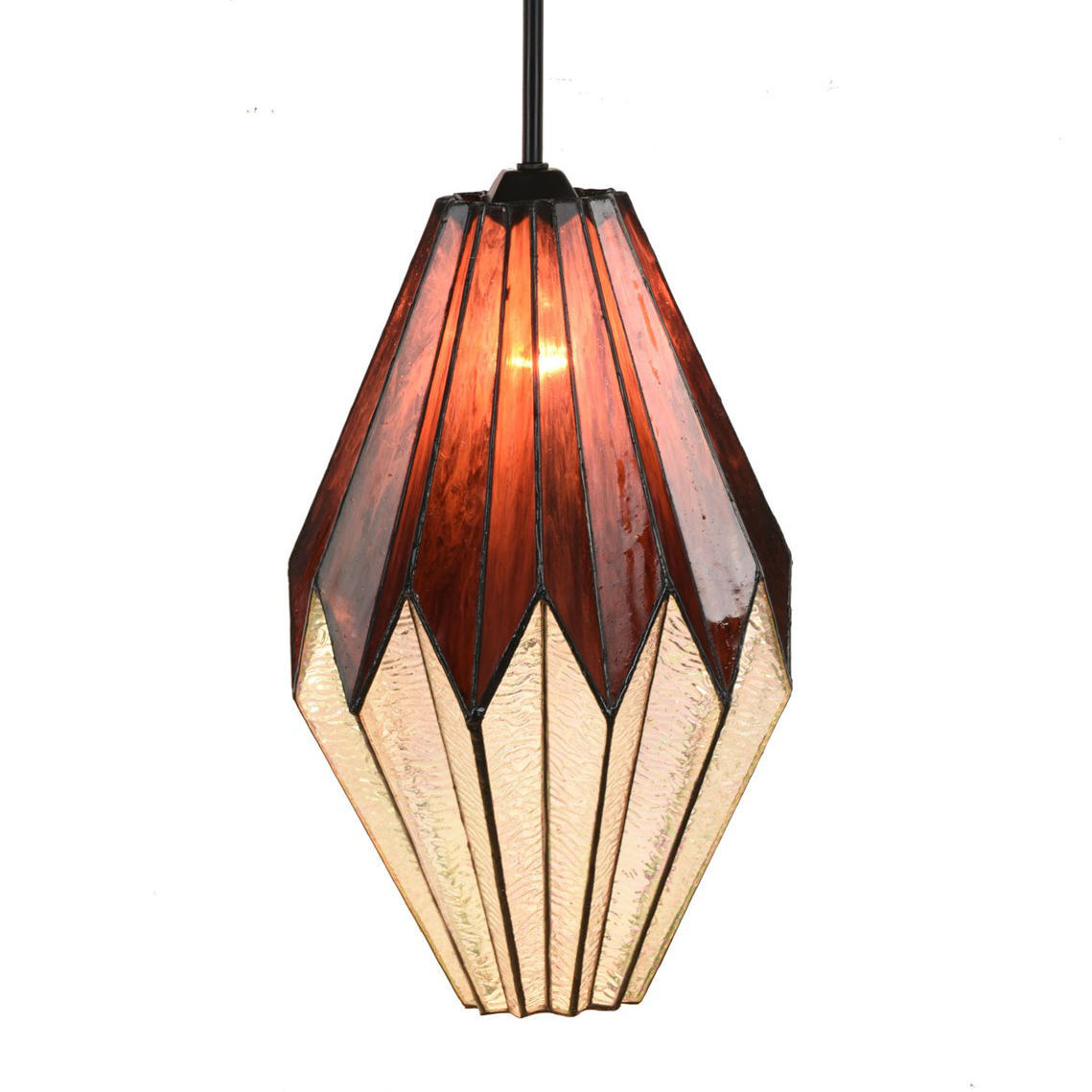 Large suspension light with folded Tiffany glass shade
