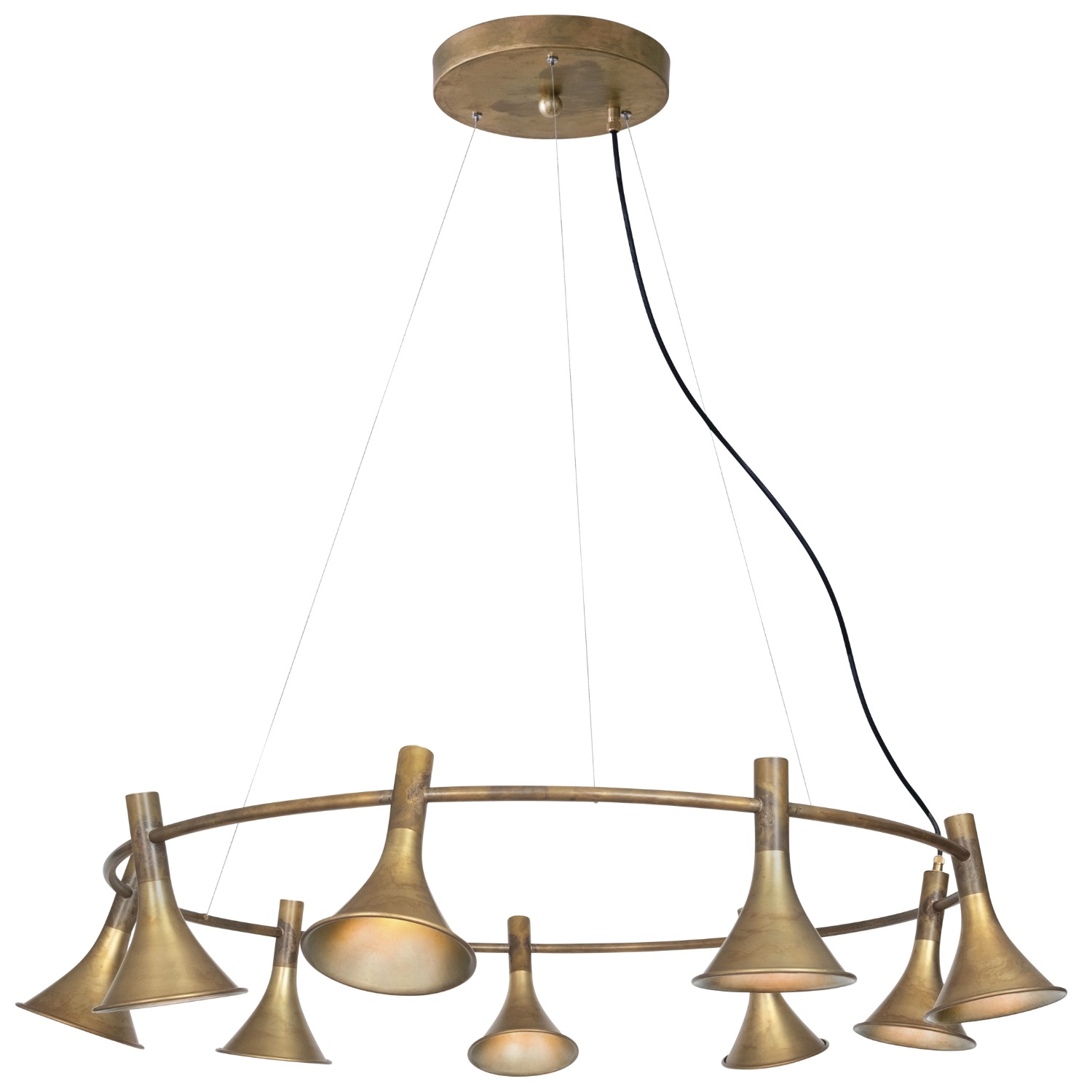 Ring chandelier with 5 or 9 funnel shades crafted from raw brass TRATT