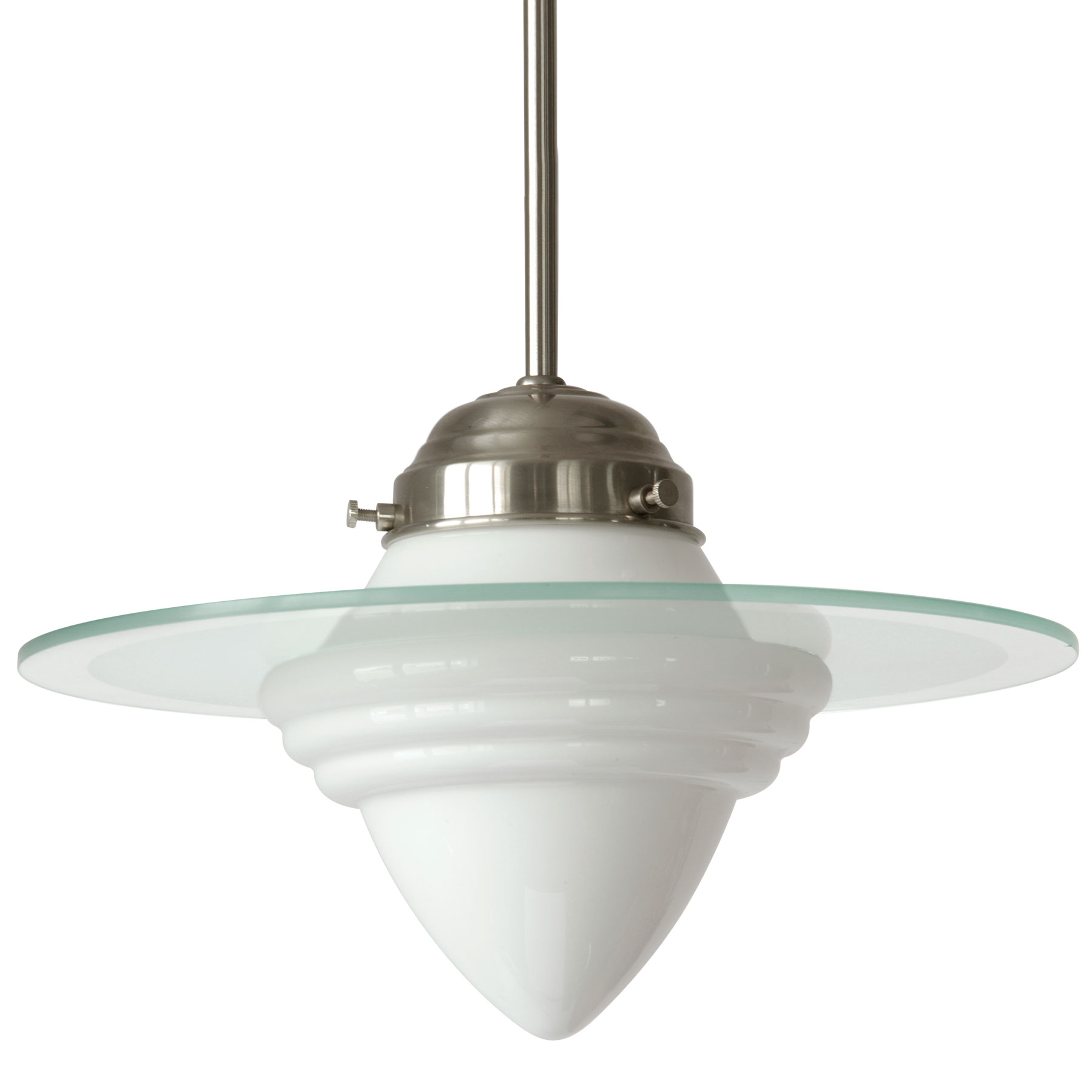Pendelleuchte mit geätzter „Saturn“-Glasscheibe (30/50 cm) auf Opalglas-Schirm