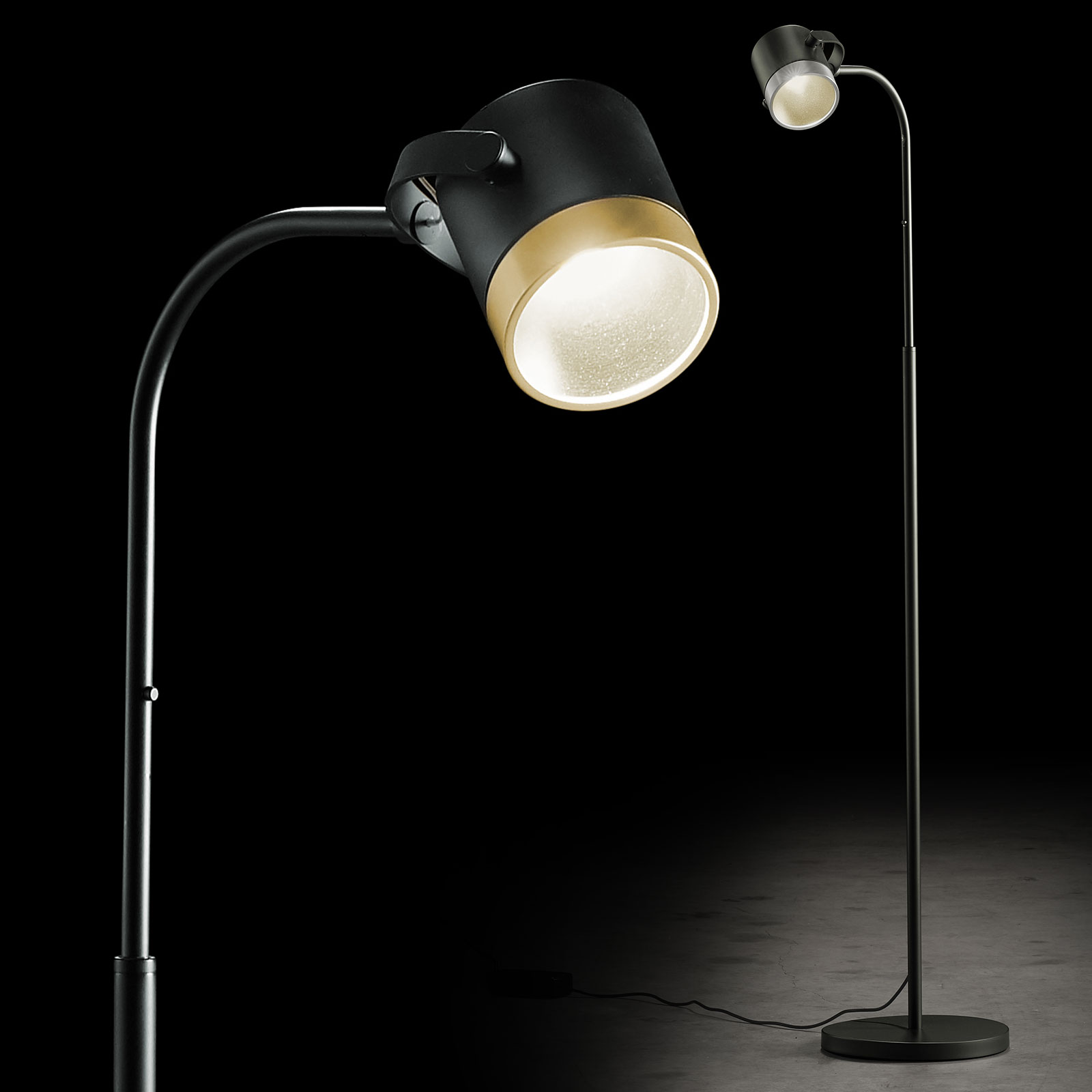 Moderne LED-Stehleuchte AURA S mit verschiedenen Reflektoren
