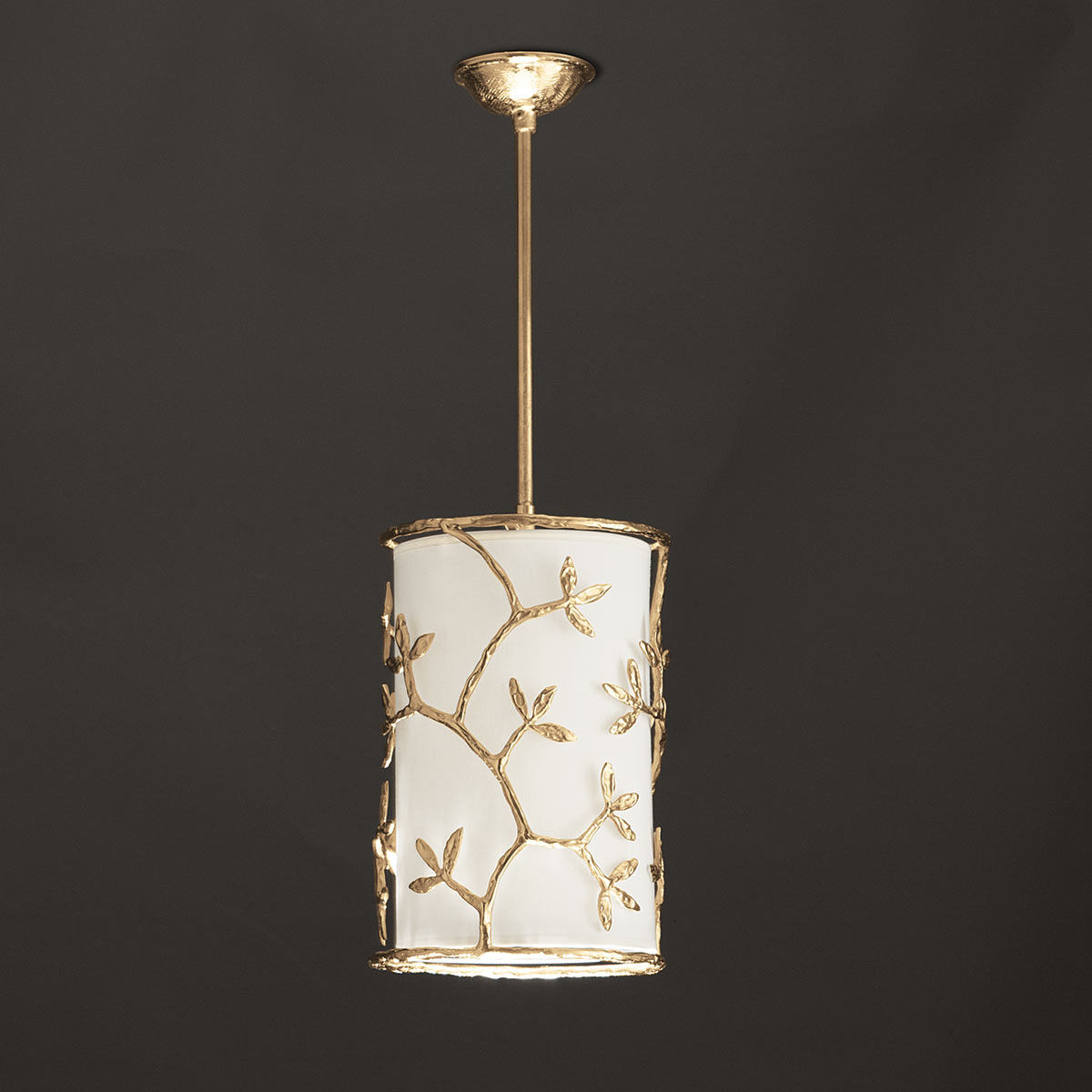 Small tube pendant bronze light OMBELLE with fabric shade (Ø 27 cm)
